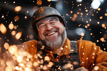 Happy Welder in Protective Gear Smiling with Sparks Flying Around