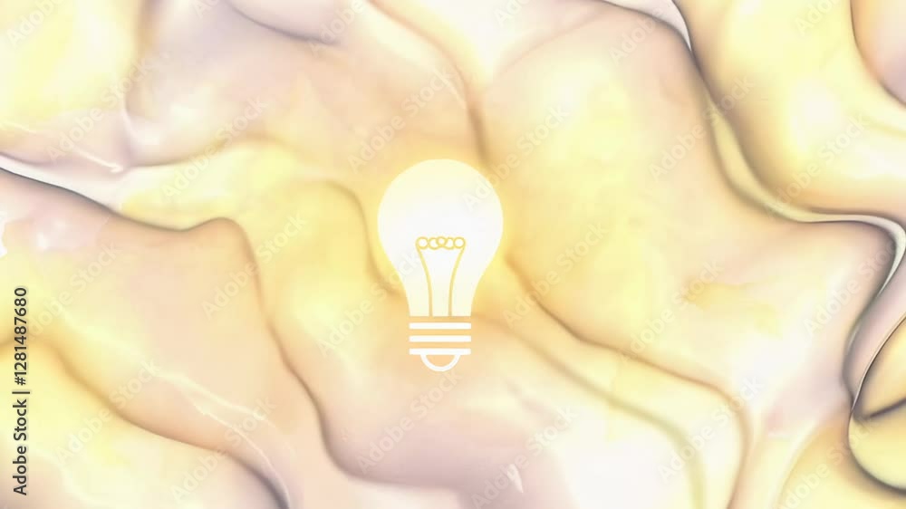 Poster light bulb icon glowing and illuminating against morphing abstract yellow and purple background, rep