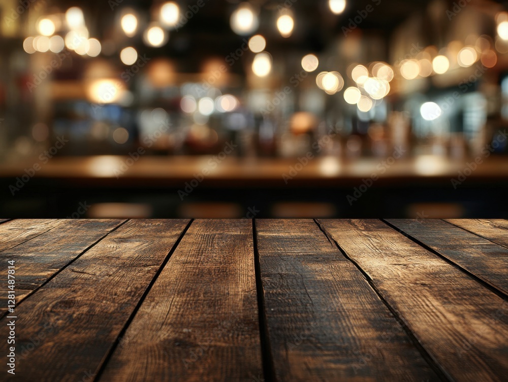 Poster rustic wooden table surface with blurred bar background creating a warm inviting atmosphere ideal fo