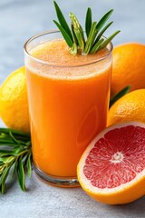 Fresh Citrus Juice in Glass with Oranges and Grapefruit Slices