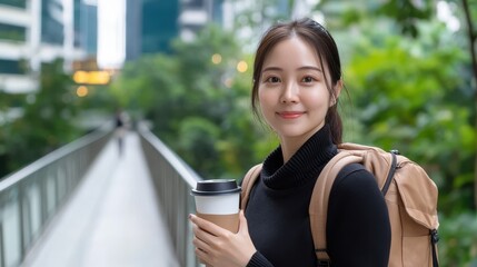 Fototapeta premium Woman Holding Coffee Cup on Sky Bridge in Singapore Cityscape