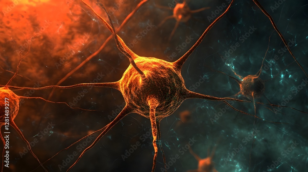 Poster Vibrant Futuristic Neuron Network in Glowing Digital Brain Anatomy  Abstract colorful background with electric impulses and connections representing the complex neurological system