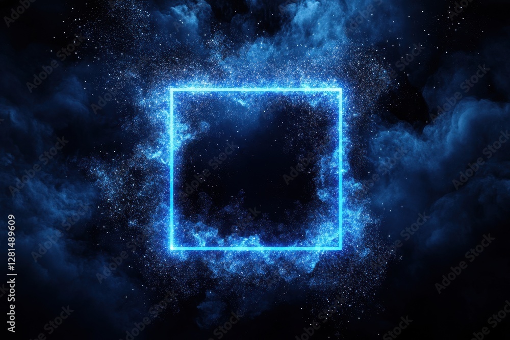 Aufkleber luminous blue square frame amidst swirling nebula clouds and stardust creating a cosmic portal for d