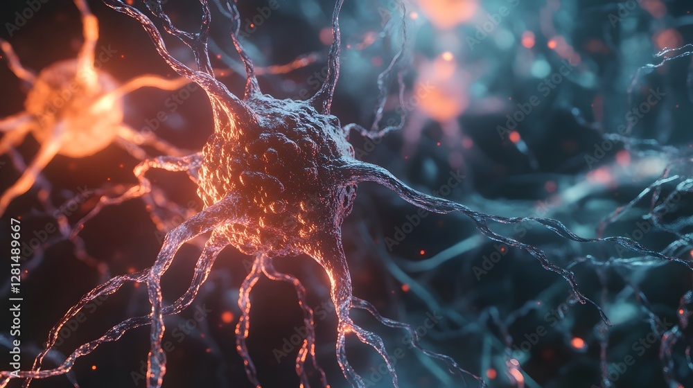 Poster Vibrant Glowing Neural Network Model   Futuristic Conceptual Brain Anatomy Complex Organic Electrical Signaling Connections in a Dynamic Digital Background  Science and Medical Research Concept