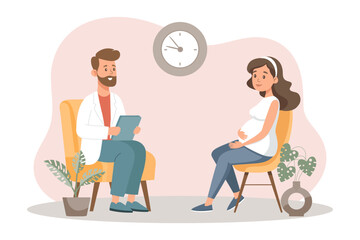 Pregnant woman sitting with doctor. Prenatal doctor consultation. Monitoring pregnancy and healthy. Flat style illustration. 
