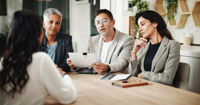 Interview, CV and business people in office for recruitment process at finance firm for hiring. Document, meeting and candidate in discussion with HR panel for resume review with career opportunity.