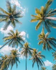 Tropical Serenity Palm Trees Against Azure Sky and Fluffy Clouds Capturing Summer Vacation Vibe from Below with Upward Angle
