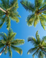 Serene view of tropical palm trees reaching towards the clear blue sky in a peaceful sunny day vacation mood