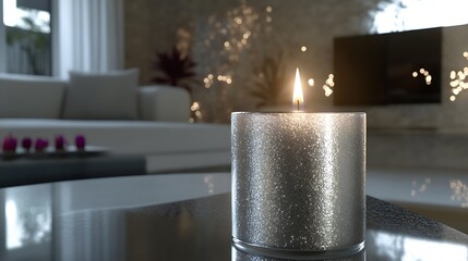 A shimmering silver candle glowing amidst sleek modern decor with white and gray tones