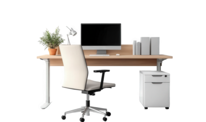 A computer and a sofa chair on the desk