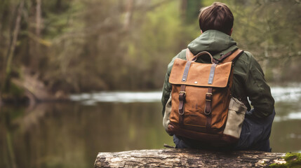 Resting hiker pausing on wooden log near flowing river, surrounded by lush wilderness landscape