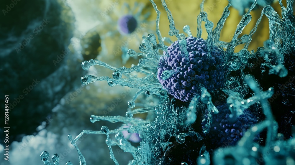 Poster Vibrant Microscopic Cell Structure Revealed in Colorful Micrographic Imagery  Detailed close up view of a cellular or viral sample under high magnification showcasing the intricate patterns textures