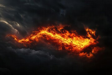 ancient dragon emerging from storm clouds molten fire breath illuminating dark sky intense dramatic lighting with ember effects