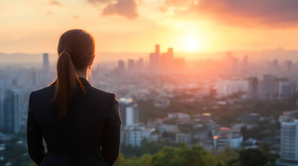 Businesswoman admiring the vibrant sunrise over an urban skyline, embracing success and envisioning new opportunities ahead