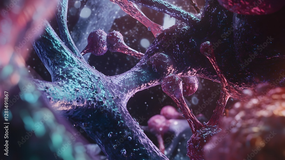 Poster Vibrant Microscopic View of Intricate Neural Connections and Synaptic Structures in the Brain or Nervous System Showcasing the Complex Communication and Technology of the Human Anatomy