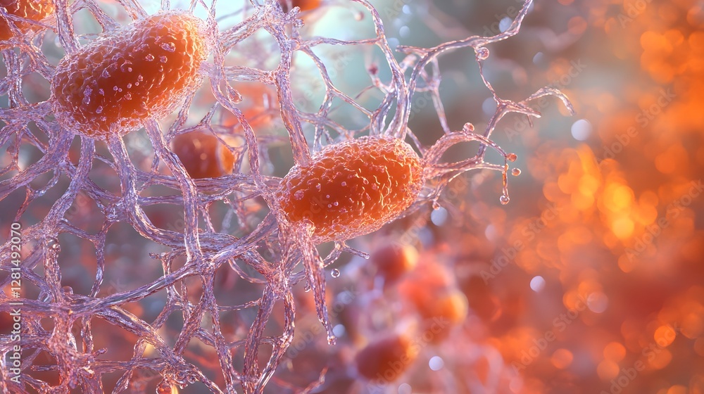 Poster vibrant microscopic view of cellular structures and microorganisms in shades of orange purple and bl