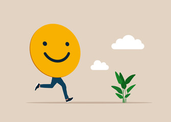 Funny running smile of a head instead of body. Happiness and positive thinking, optimism or motivation to live happy life concept. Flat vector illustration. 