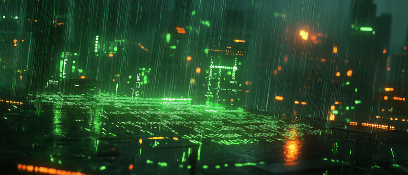 Hacker&rsquo;s Vision of the Matrix &ndash; Glowing Digital Code Rain in a Cyberpunk Virtual World