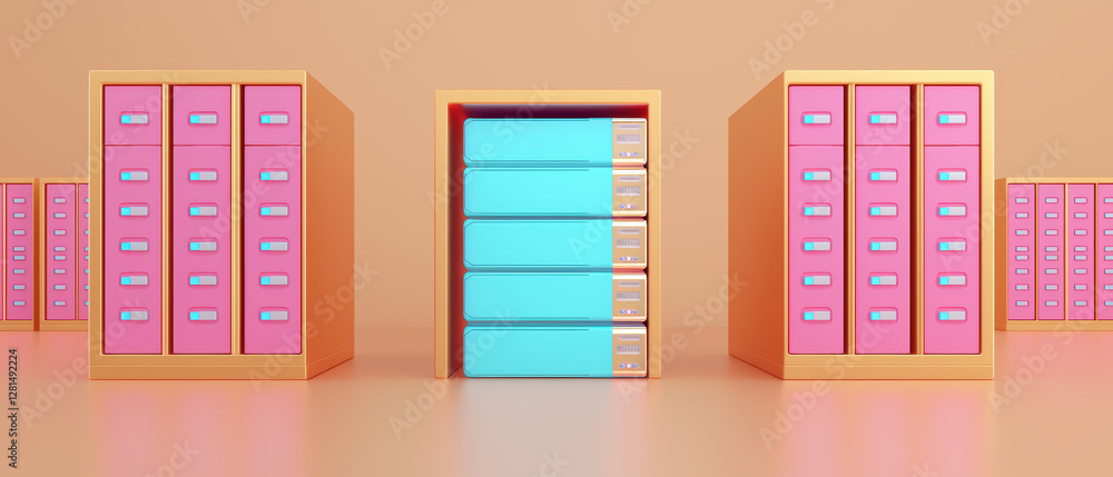 Poster could based file storage. colorful filing cabinets arranged in a minimalist setting.