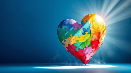 A heart constructed from colorful puzzle pieces on a blue background, illuminated by volumetric lighting, showcasing light beams piercing through dust or fog, with strategically placed text