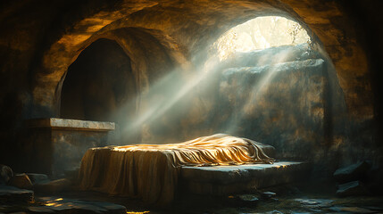The empty tomb interior filled with beams of sunlight, glowing light highlighting the empty robes on the stone slab, intricate folds and textures of the fabric, soft shadows enhancing the sacred mood,