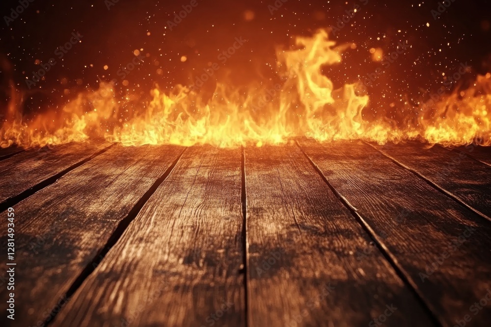 Aufkleber dramatic fiery backdrop with rustic wooden planks creating a captivating contrast of textures and wa