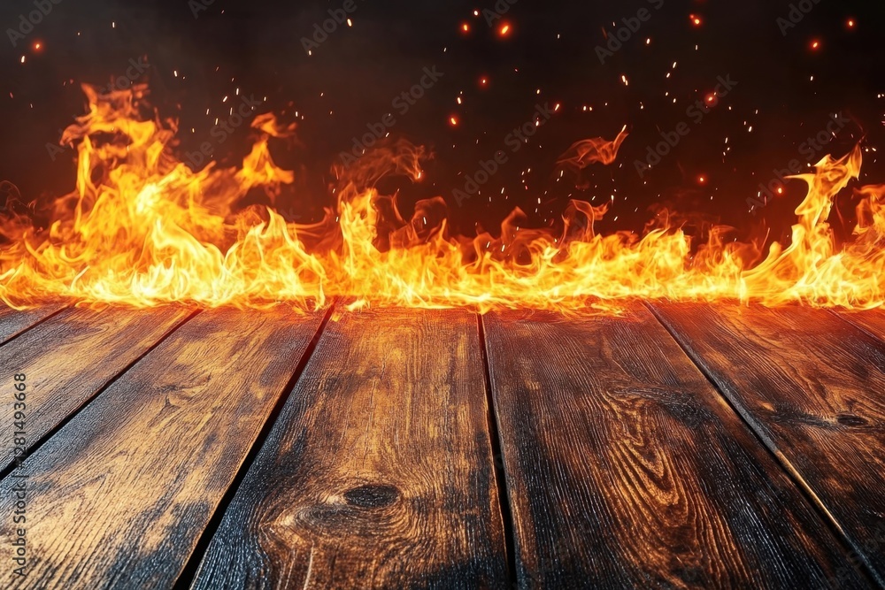 Poster fiery inferno background with wooden table surface for product display and abstract burning flames t