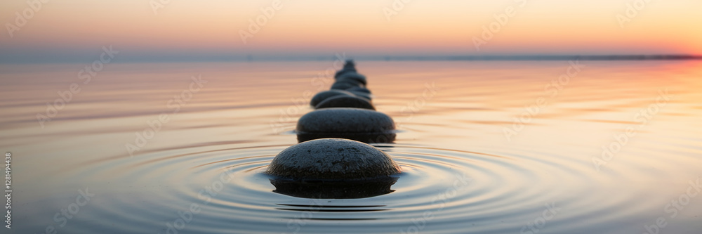 Poster a serene view of smooth stones arranged in a row across calm water during sunset, symbolizing tranqu
