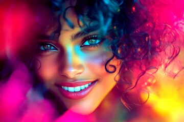 Fototapeta premium Short coiffure - curly hair. Gorgeous smiling mixed-race girl - for ads, advertisement and online promotion banner use. Commercial marketing creative graphic design. Colored concept model.