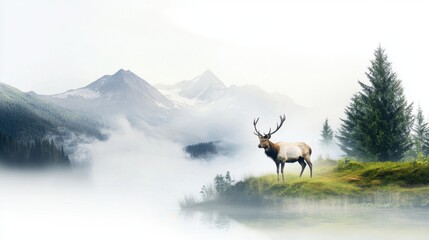 Serene Elk in Misty Mountain Landscape at Dawn with Pine Trees