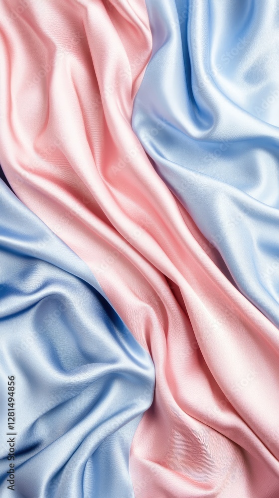 Poster smooth satin fabric in pastel blue and pink features elegant folds and ripples, creating a dynamic a