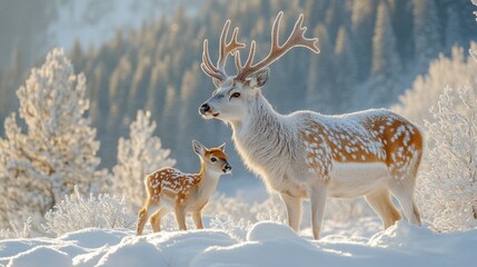 Majestic Maral Altai Deer and Playful Fawn in Snowy Landscape Nature Photography Calm Winter Environment Breathtaking Viewpoint