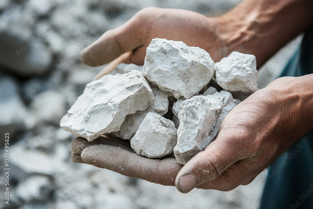 Poster Miner hands hold lithium rocks extracted from the earth. Generative AI