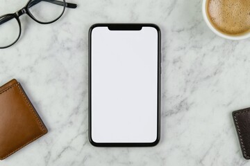 Minimalistic workspace featuring smartphone, coffee cup, and acc