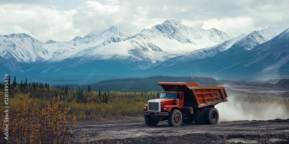 Poster Mining truck operates in an open pit mine surrounded by mountains. Generative AI