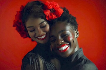 Sign of love and affection. Commercial ad campaign creative. Valentine's day, soulmatescouple: extraordinary dazzling, image of loving black young couple. Happy relationship. Valentine's gift.