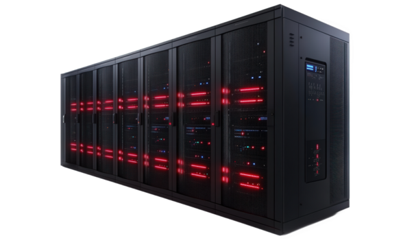 Black computer room chassis, flashing red lights