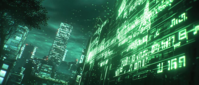 Hacker&rsquo;s Vision of the Matrix &ndash; Glowing Digital Code Rain in a Cyberpunk Virtual World