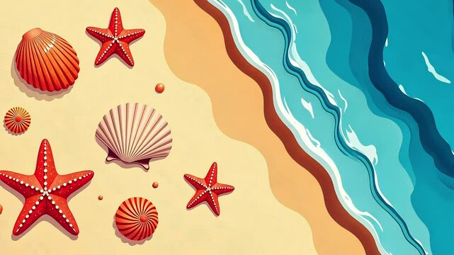 Animation Tropical beach with starfish and shells on sandy beach, background. Summer vacation, tourism and holidays concept, drawn, cartoon vector style, top view