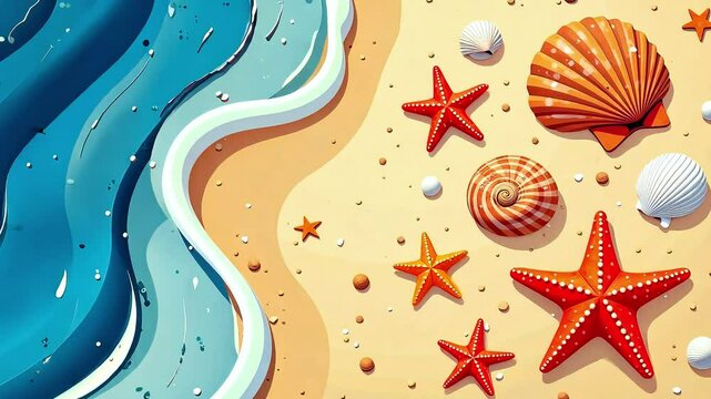 Animation Tropical beach with starfish and shells on sandy beach, background. Summer vacation, tourism and holidays concept, drawn, cartoon vector style, top view