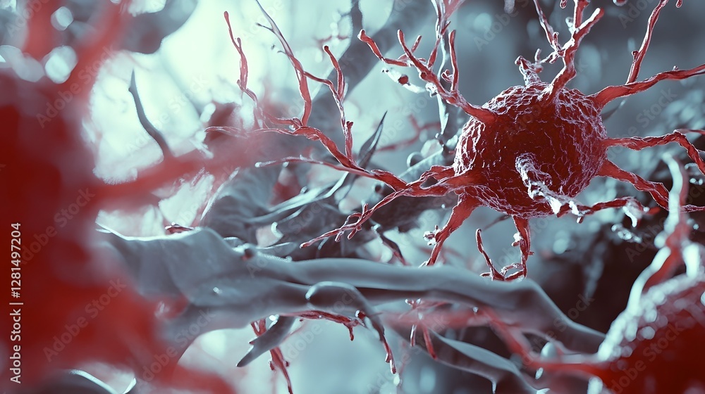 Poster Vibrant Rendering of Neural Cellular Structure in the Brain  This image depicts the intricate and colorful microscopic details of neurons dendrites and synapses within the brain s neural network
