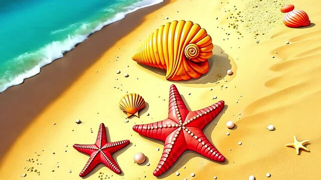 Animation Tropical beach with starfish and shells on sandy beach, background. Summer vacation, tourism and holidays concept, drawn, cartoon vector style, top view