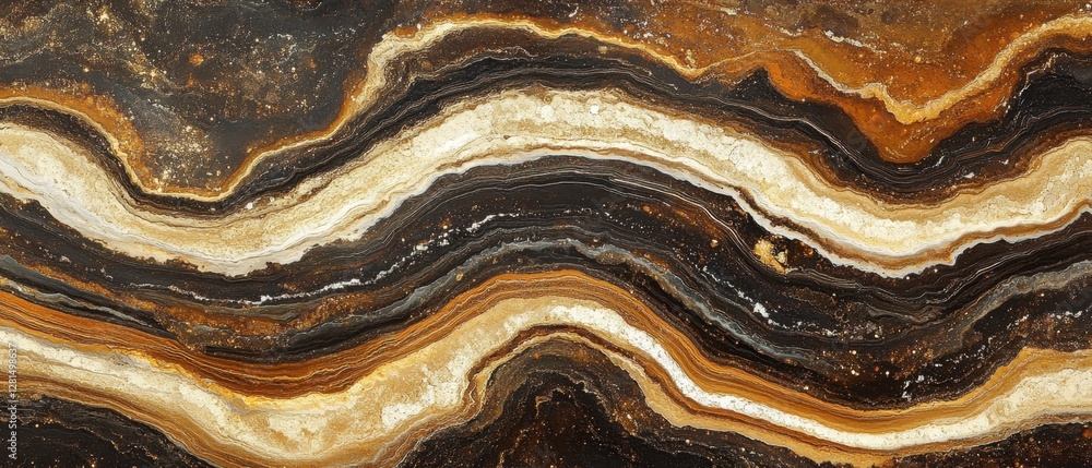 Poster captivating abstract agate design with swirling golden and black hues creating a luxurious and elega