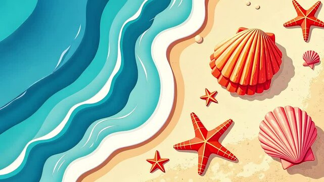 Animation, starfish and shells on sand, sea wave, top view. Tropical beach background, wallpaper, Summer vacation, tourism and holidays concept, drawn, cartoon vector style