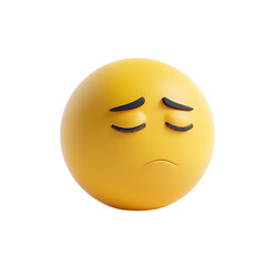 Fototapeta premium Sad or disappointed yellow emoji face with closed eyes is shown as a 3D object isolated on a transparent background for communication.