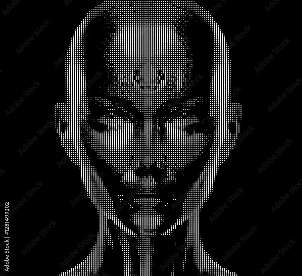 Fototapete Digital illustration of a human face composed of white particles on a black background, creating a monochromatic and abstract effect that represents futurism and digital technology concepts.