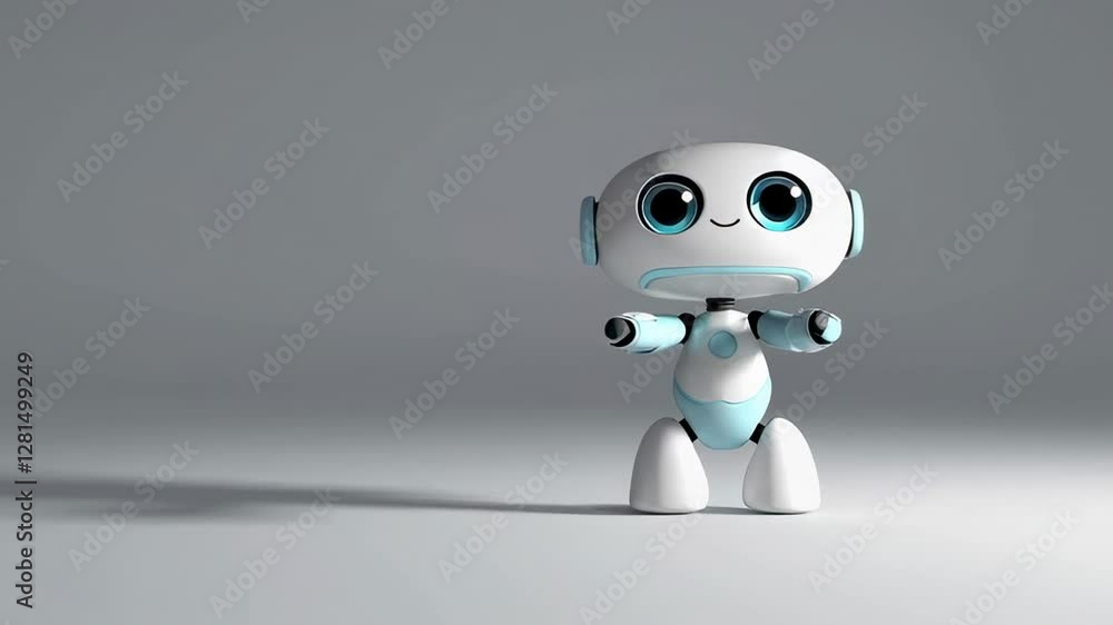 Poster Friendly white and light blue android robot extending arms slowly, showcasing advanced artificial intelligence technology against seamless white studio background