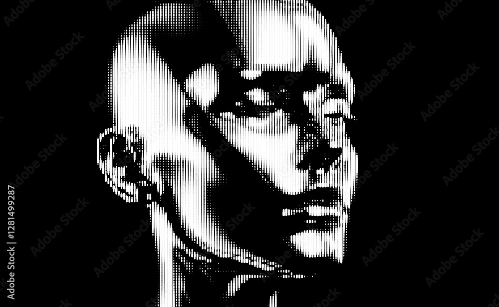 Aufkleber digital illustration of a human face composed of white particles on a black background, creating a m