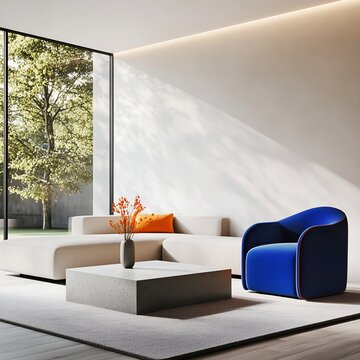 Minimalist living room with white sectional sofa and bold blue accent chair. Ideal for interior design mockup and advertisement. Generative AI.