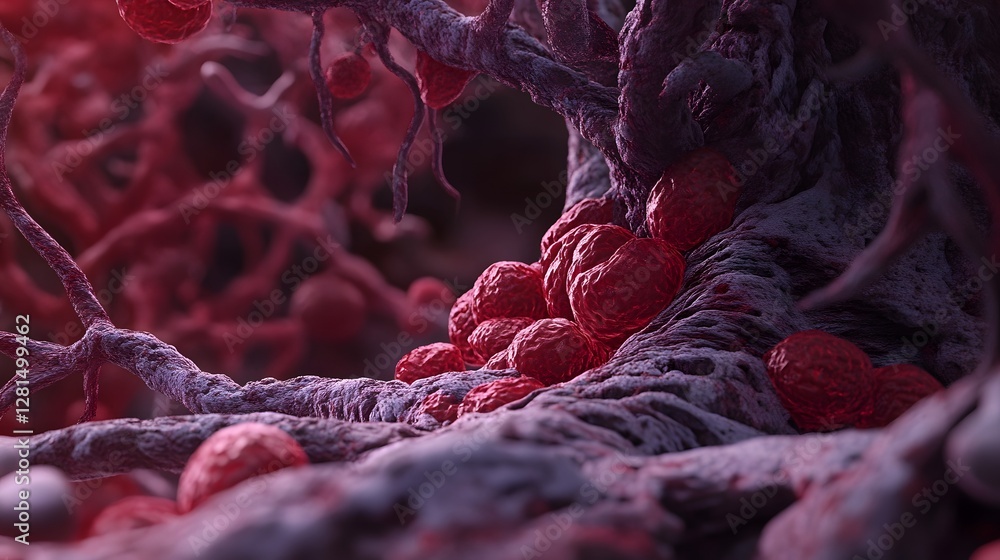Poster visually captivating microscopic close up photograph showcasing the intricate and vibrant red and pu